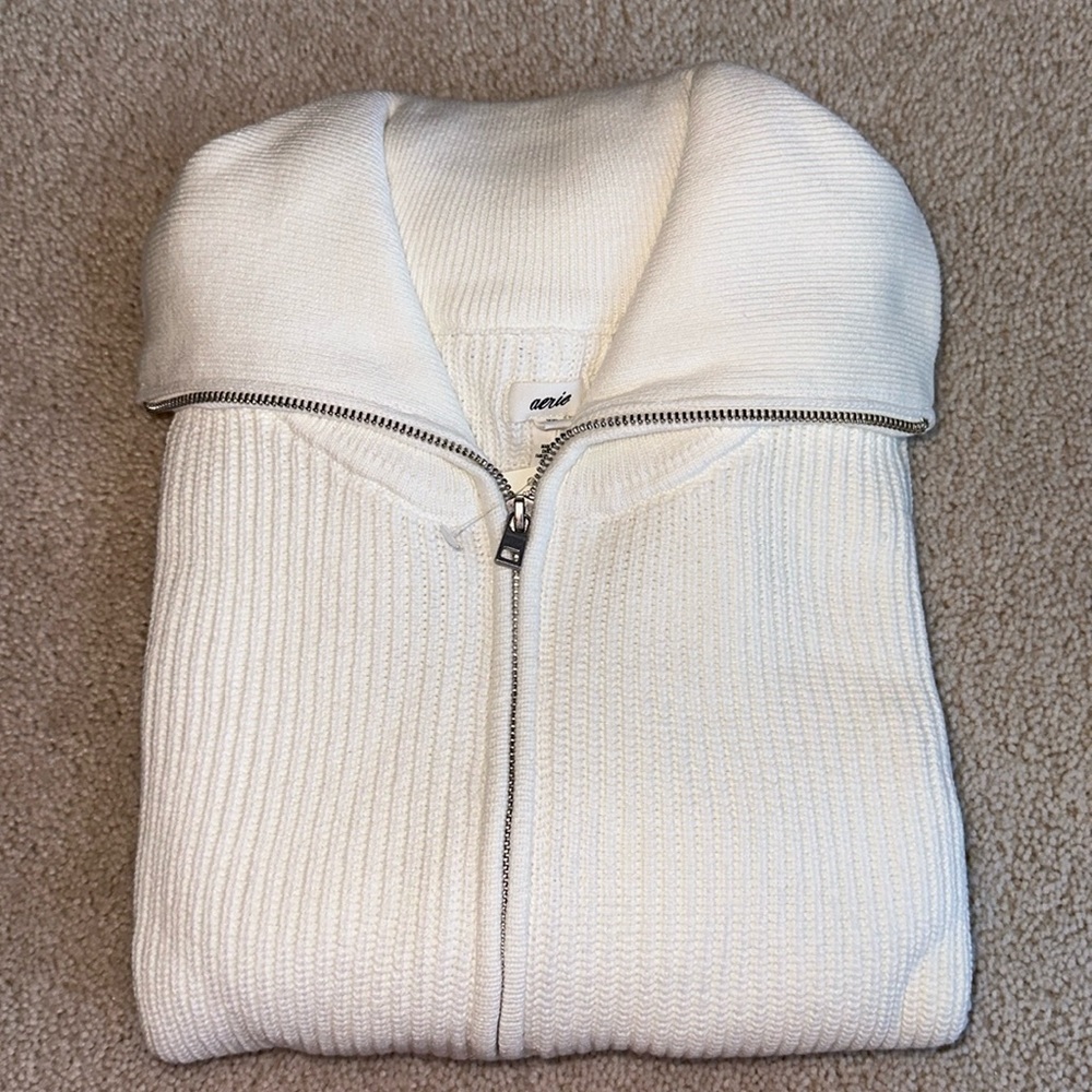 Aerie XXL White Quarter Zip Sweater with Split Hem